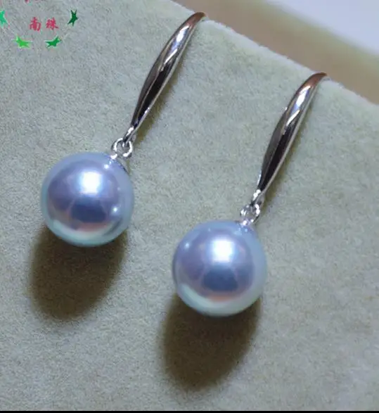 Pair of 9-10mm Natural south sea genuine gray round pearl earring 925silver