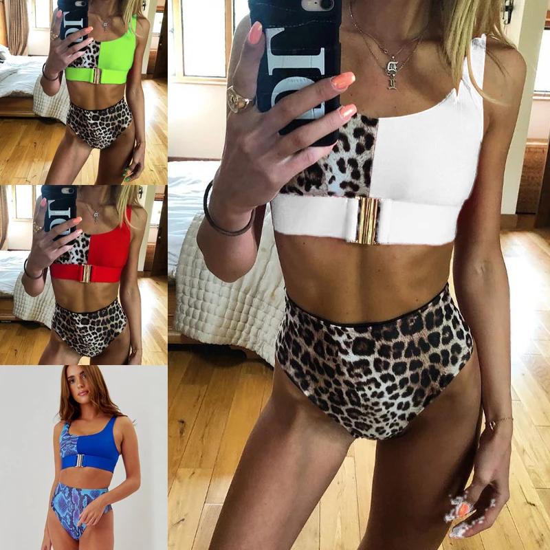 Женский купальник с высокой талией леопардовое бикини пуш ап пряжкой монокини