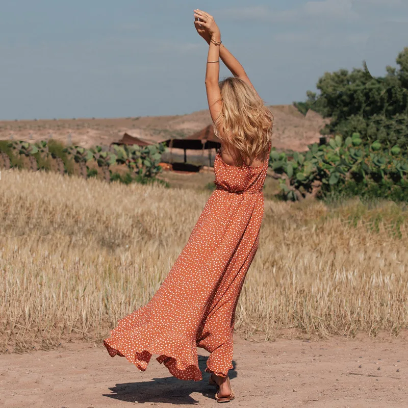 Пикантные Спагетти ремень Макси женское платье с v-образным вырезом оборками