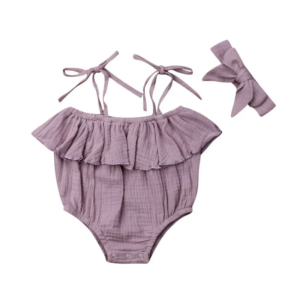 Purple Gray Детская летняя одежда для новорожденных маленьких девочек Комбинезон на бретельках Твердые Хлопок боди повязка 2 шт. Раффлед наряды одежда - Цвет: Purple Gray