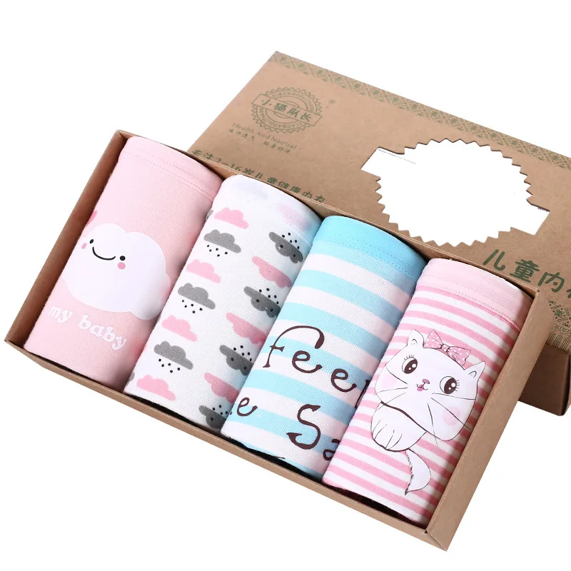 5573 4PCS Нижнее белье для девочек-подростков, одежда для детей с рисунком милого кота Трусы-шорты для девочек; хлопковые трусы; нижнее Начальная школа студентов полосатые трусы на возраст 4, 8, 14Y - Цвет: 5573 4PCS