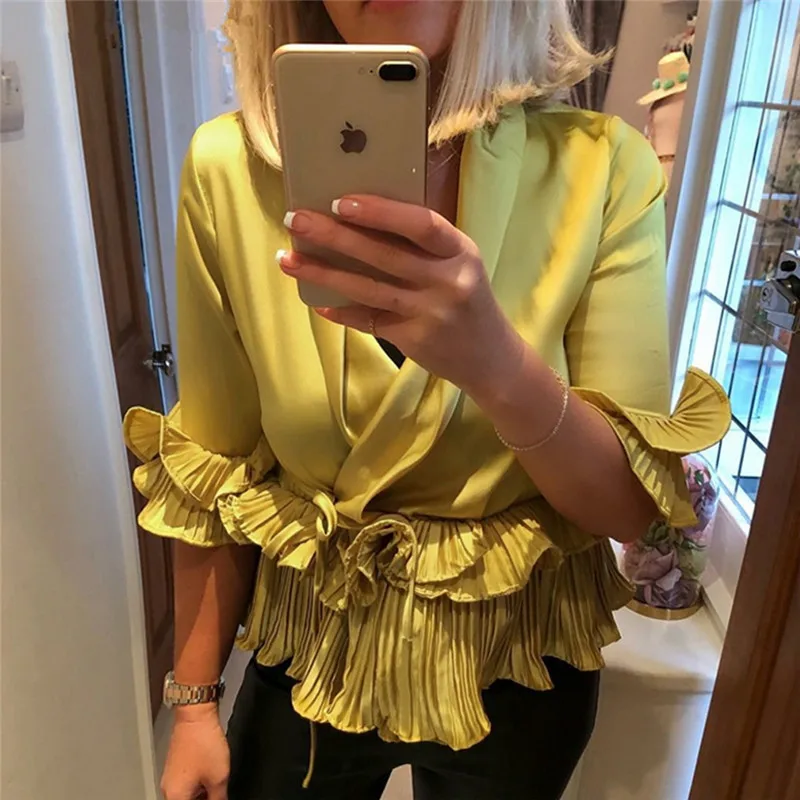 Весенне летняя новая женская шифоновая рубашка с глубоким v образным вырезом и
