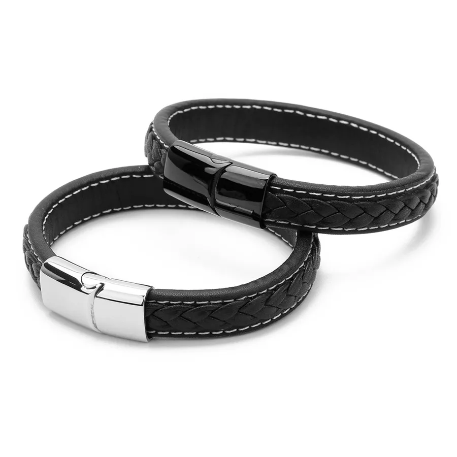 Ckysee Vintage Leather Braided Wristband Bracelet For Men Punk Black Silver Color Stainless Steel Magnetic Clasps Gifts | Украшения и