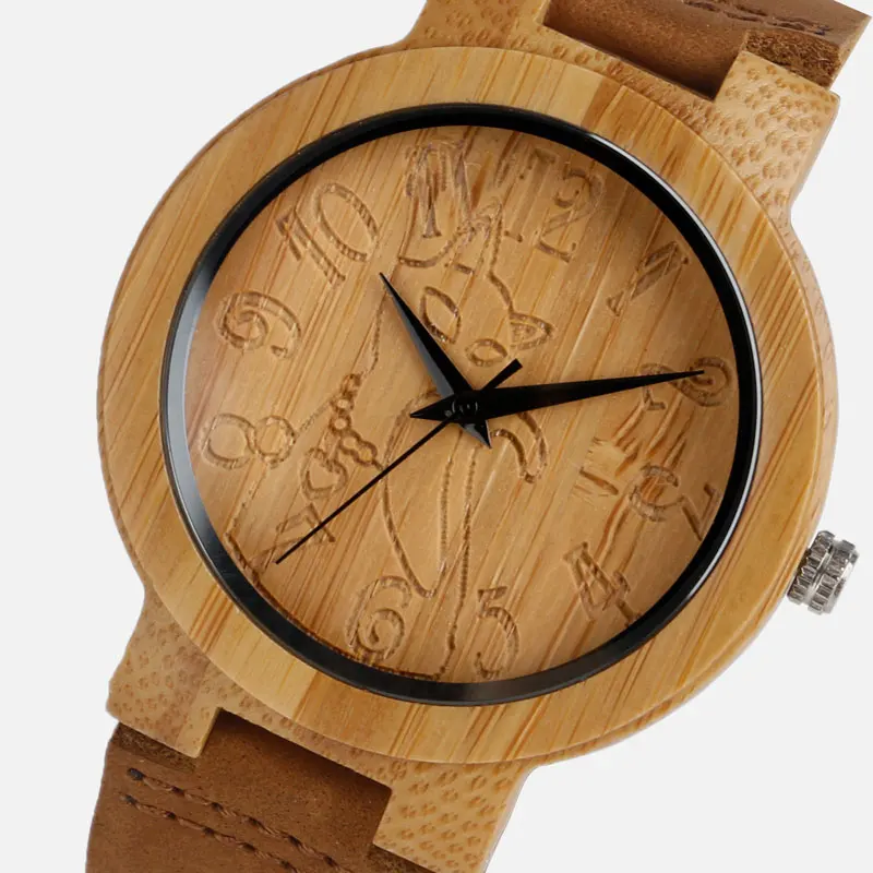 

Vintage Wood Watch Bamboo Women Lovely Cat Casual Nature Bamboo Quartz Wristwatches Simple Creative Genuine Leather Band Clock