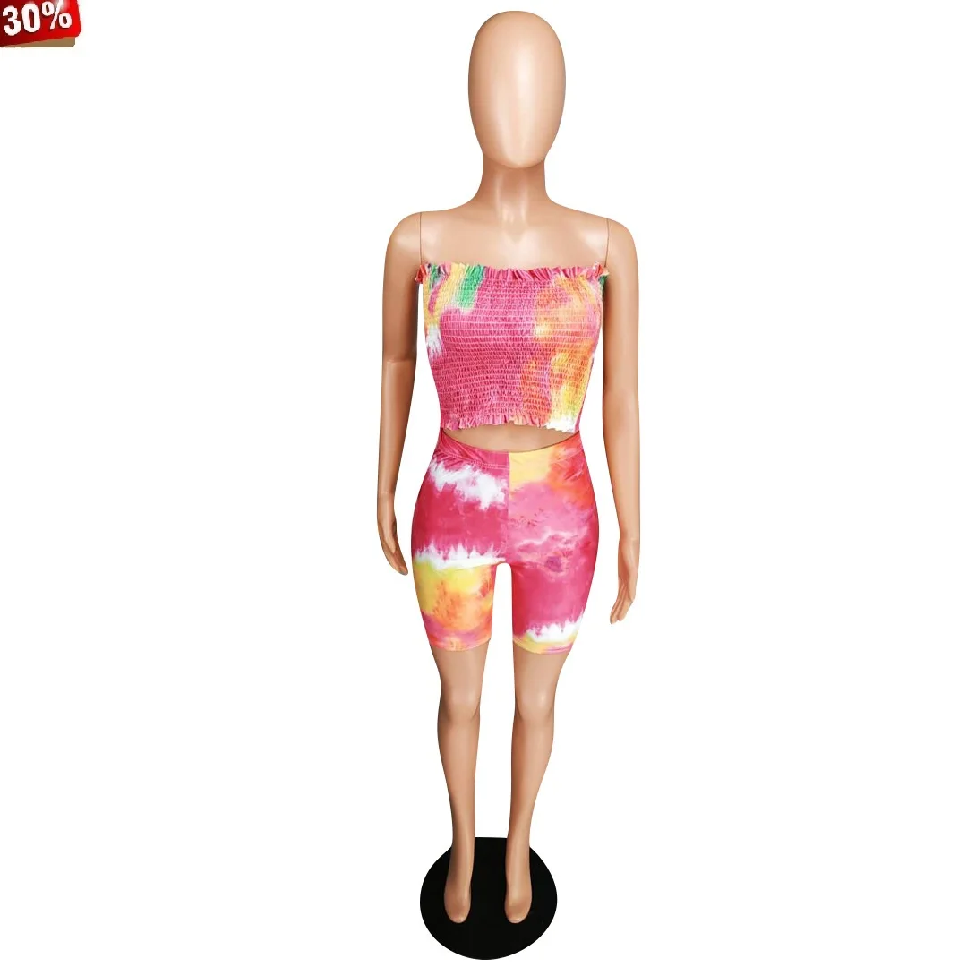 Two Piece Set Sport Tracksuit 2 Pink Sets Women Summer Tie Dye Galaxy Print Strapless Crop Top Short Pants Suti Outfit | Женская одежда