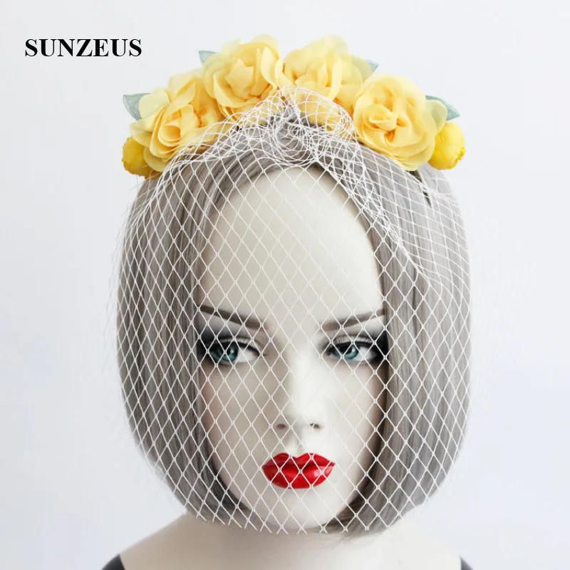 

Yellow Flora Headband Bridal Hats with Face Veil Wedding Hats and Fascinators Party Hair Decoration sombreros para boda S34