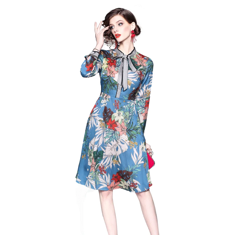 Trytree 2019 лето осень повседневное Элегантное синее платье с цветочным принтом