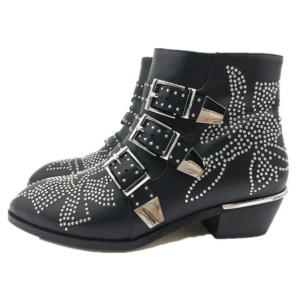 black silver Mcacchi/женские ботильоны из натуральной кожи с заклепками золотого и серебряного цвета; Susanna; женские ботильоны с круглым носком и цветочным принтом; Mujer; роскошная женская обувь - Цвет: black silver