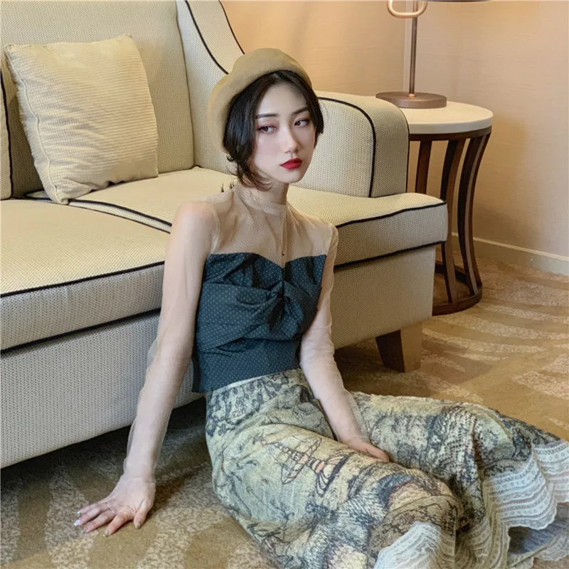 BLLOCUE 2019 New Two-Piece Set Female Polka Dot Mesh Splicing Short Top High Waist Classic Print Lace Panel Skirt | Женская одежда