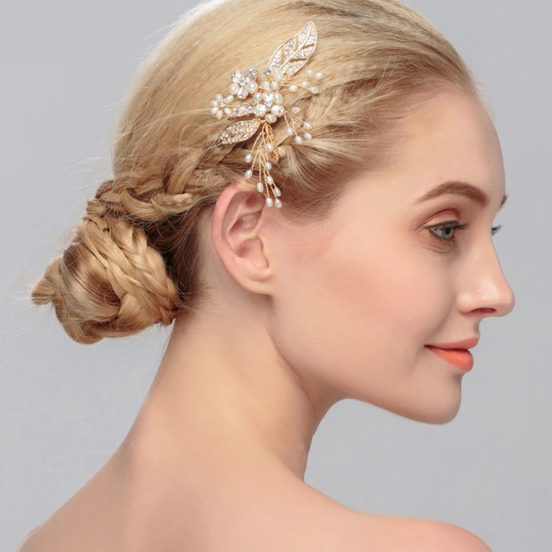 Золото Цвет корейский стиль со стразами и оставить цветок волос гребень для
