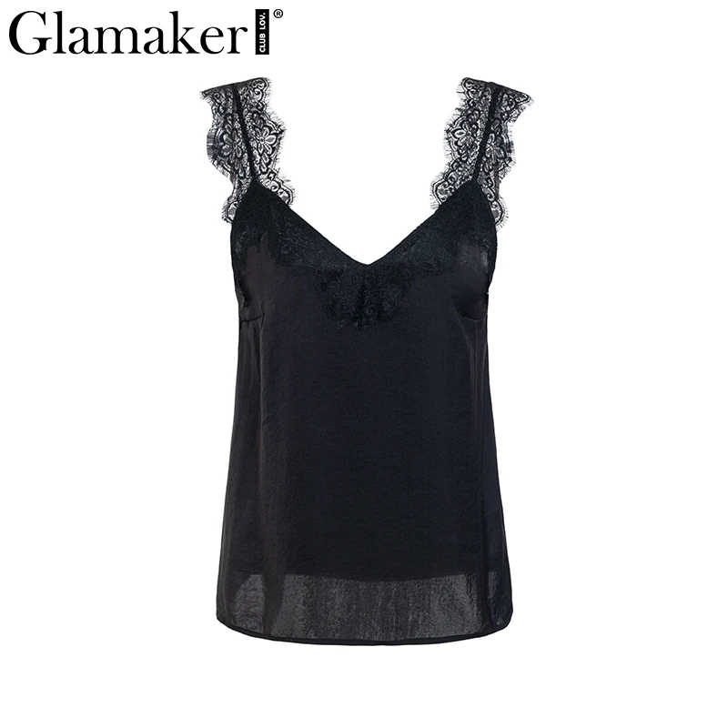 Черный Glamaker, уличная одежда, атласный кружевной топ, топ, белый, женский сексуальный прозрачный топ с v-образным вырезом,, летний женский укороченный топ на бретелях для клуба - Цвет: Черный