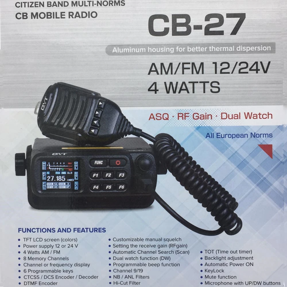 QYT CB-27 автомобиля Мобильная радиостанция CB CITIZEN BAND всем европейским MULTI-NORMS CB радио приемопередатчик AM/FM 12/24V 4 Вт 26,965-27,405 МГц домофон