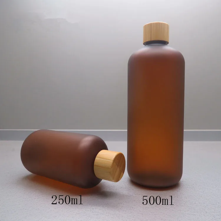50 шт./лот 250/500 мл Янтарный матовый косметический жидкий флакон с бамбуковой крышкой