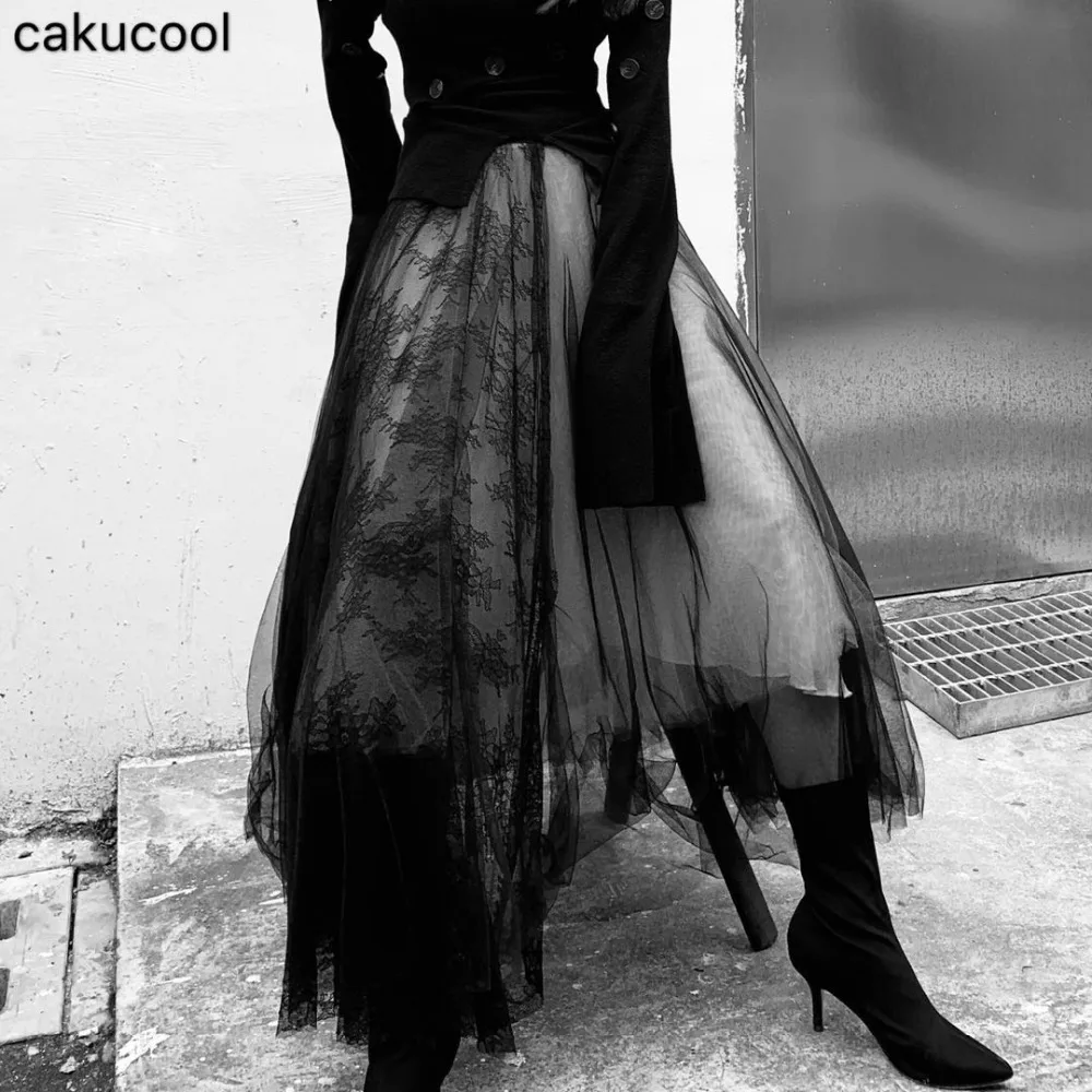 Женская Асимметричная юбка Cakucool черная длинная сетчатая с кружевом в стиле панк