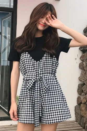 Женские повседневные Женский комплект 2 шт. в клетку с коротким рукавом черные