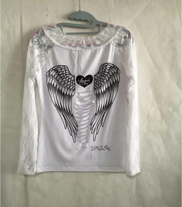 Женская Кружевная футболка с принтом Крылья Ангела осень 2016 сексуальные топы