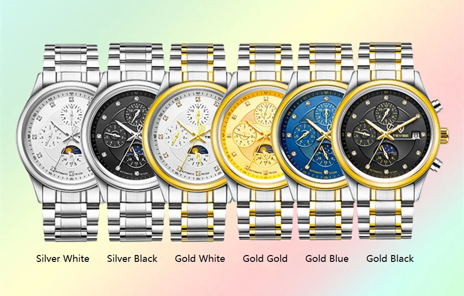 Марка TEVISE Для мужчин часы Moon Phase автоматические часы механические часы Для мужчин модные Повседневное Нержавеющая сталь наручные часы relogio
