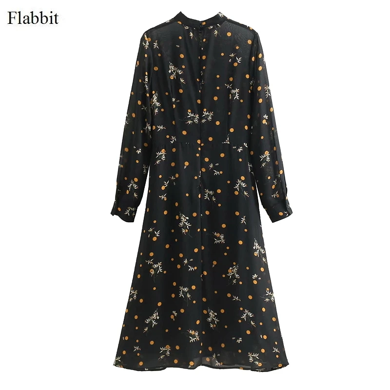 Flabbit для женщин Винтаж с длинным рукавом печати Элегантный chiffion платье дамы chic