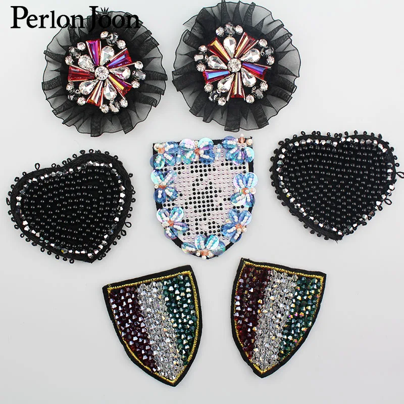 1pcs Handmade crystal beaded Patches Brooch Epaulette DIY sew on clothing decoration rhinestone sequins applique shoes SG009 | Дом и сад