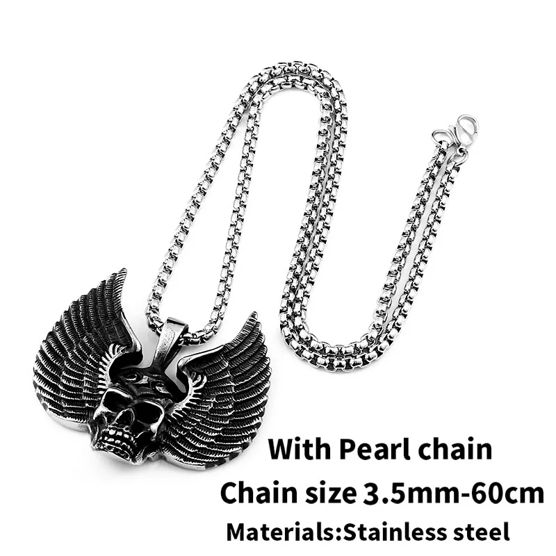 with pearl chain Нержавеющая сталь Новое поступление Угол крыла панк черепа мужчины кулон из нержавеющей стали высокого качества ювелирные изделия - Окраска металла: with pearl chain