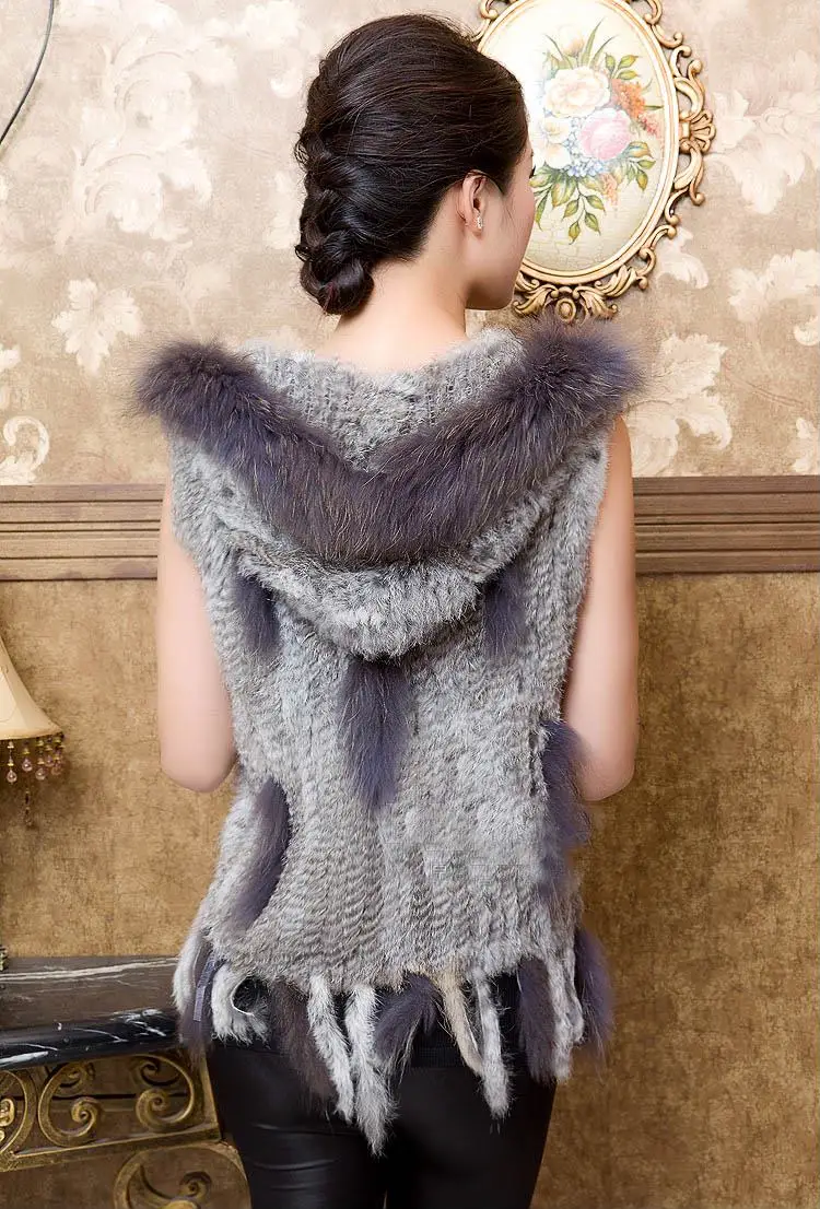 2020 Новая женская Настоящая вязаный кроличий мех жилет с капюшоном из натуральной