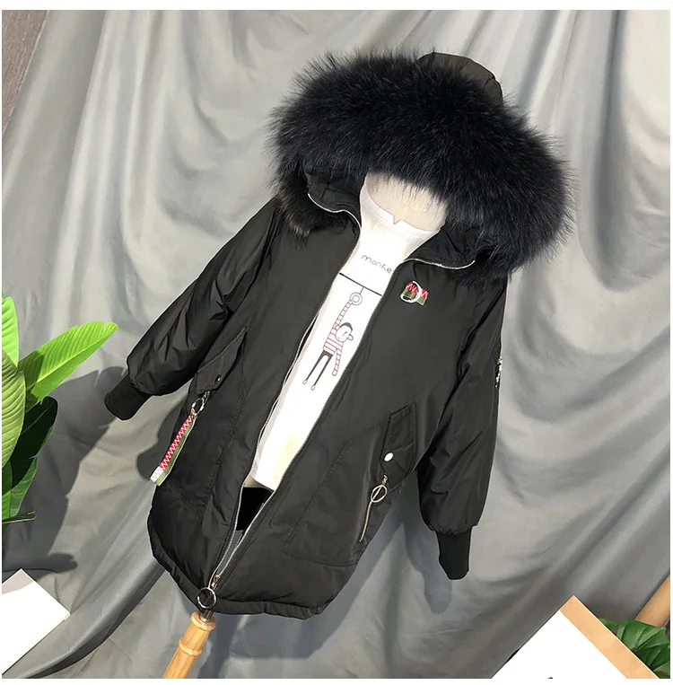 Schinteon женский пуховик с вышивкой журавля Корейская теплая верхняя одежда с большим воротником из натурального меха енота с капюшоном для женщин