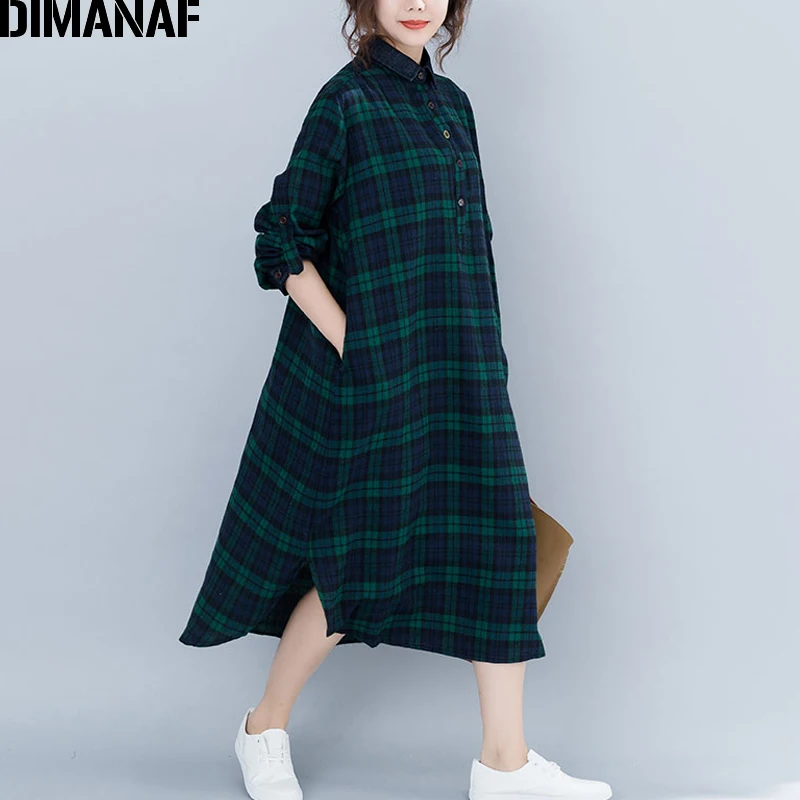 DIMANAF, женские платья, длинный рукав, хлопок, винтажная Женская одежда, большие размеры, Vestidos, свободный принт, клетчатое платье для девушек, осень