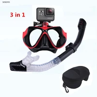 3 in 1 set diving mask snorkeling snorkel tube underwater waterproof swimming goggles with glasses case for gopro xiaomi camera