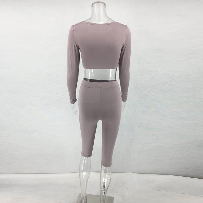 Women Casual Two Piece Set Sexy Bodycon High Waist Crop Top Stretch 2 Suits Lady O-neck Long Sleeve Body Two-Piece Outfits | Женская