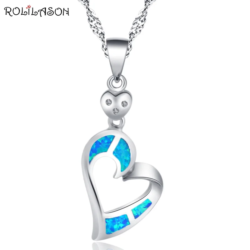 

ROLILASON heart-shaped 925 silver stamped blue opal necklace pendant fashion high-end business gifts women's OP863