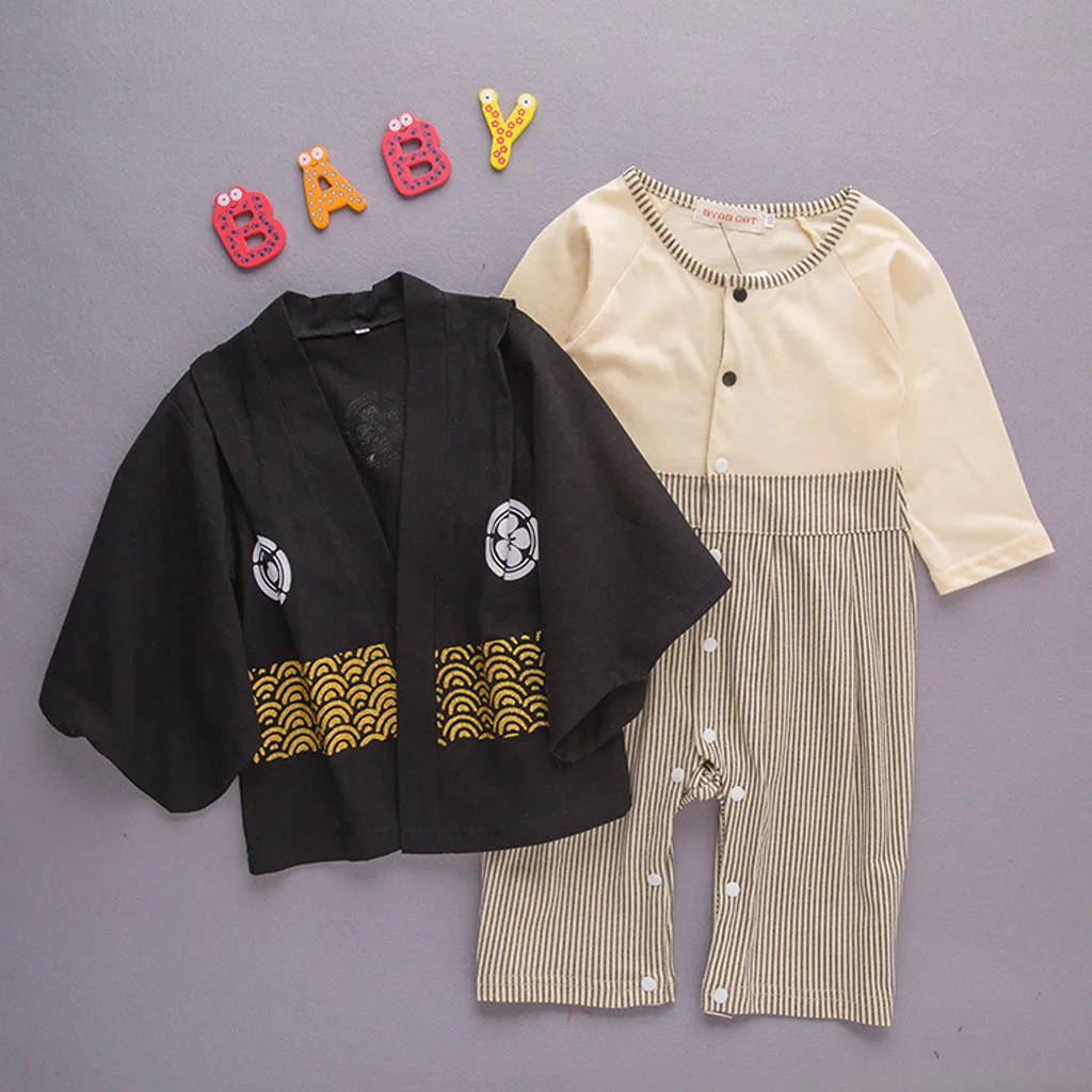 LONSANT Baby Clothes Boys Striped Kimono Tops+Romper Outfits Set Infant Cotton Belt long sleeve Japanese clothes |