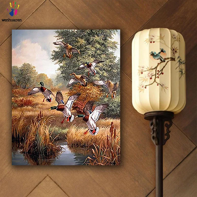 DIY картинки для раскраски по номерам с цветами лотоса и птицы рисования живописи