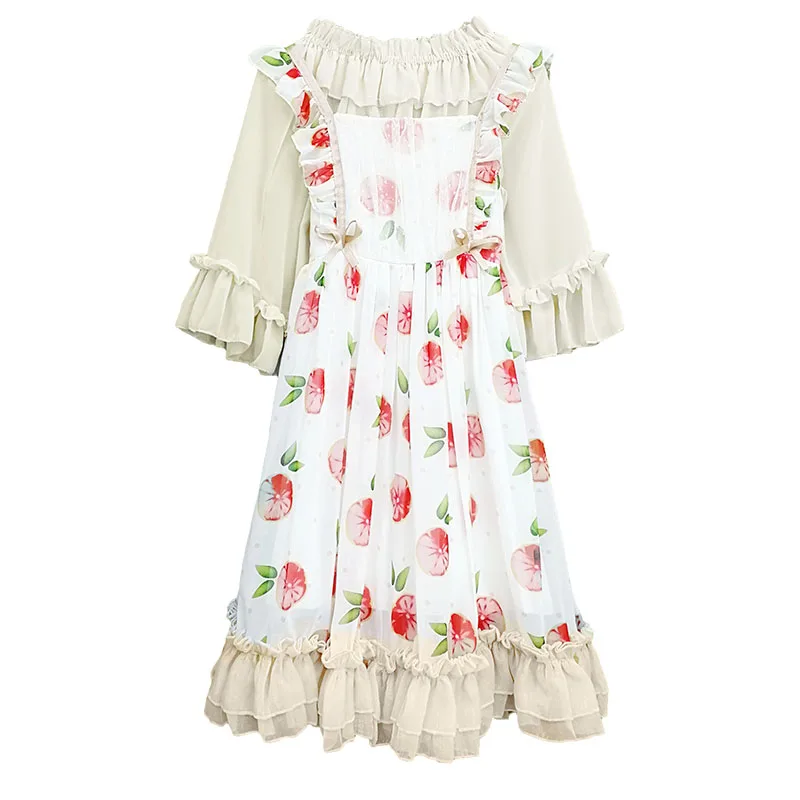 only slip dress Летнее милое Персиковое женское платье-комбинация в стиле Лолиты, плиссированное платье в стиле Лолиты на бретельках, милое платье с фруктовым принтом, блузка - Цвет: only slip dress