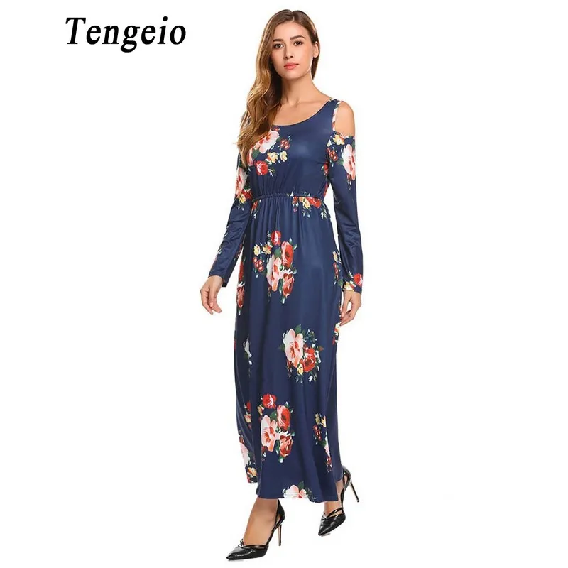 Tengeio Для женщин зима шею Cold Shoulder Dress Повседневное с длинным рукавом цветочным