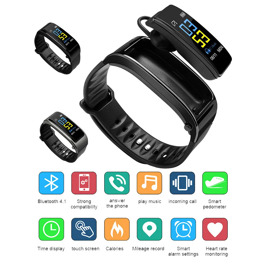 Voberry Bluetooth Смарт часы с наушниками спортивный фитнес трекер браслет монитор
