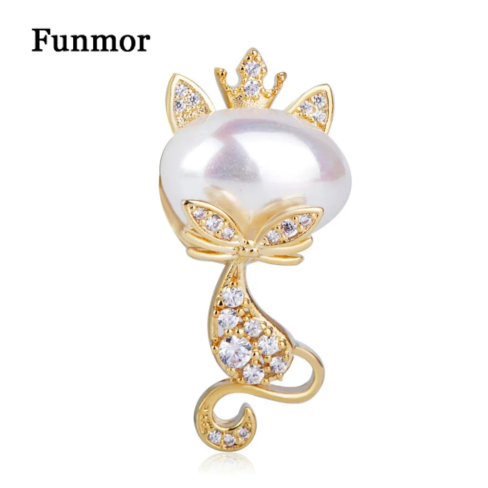 

FUNMOR Luxurious Shiny Zircon Cat Brooches Women Girls Banquet Wedding Jewelry Pin Simulated Pearl Copper Animal Brooch Badge