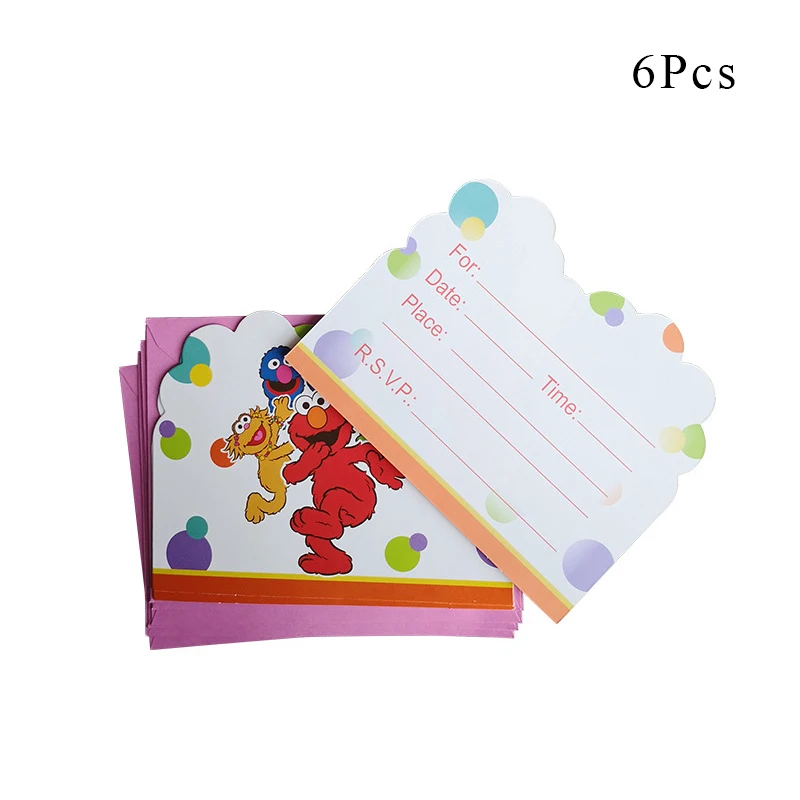 Invitation card x 6 Вечерние украшения с героями мультфильма «Улица Сезам» Элмо, посуда, бумажный стаканчик, тарелка, шляпа, Детские воздушные шары для вечеринки в честь Дня Рождения, AW03 - Цвет: Invitation card x 6