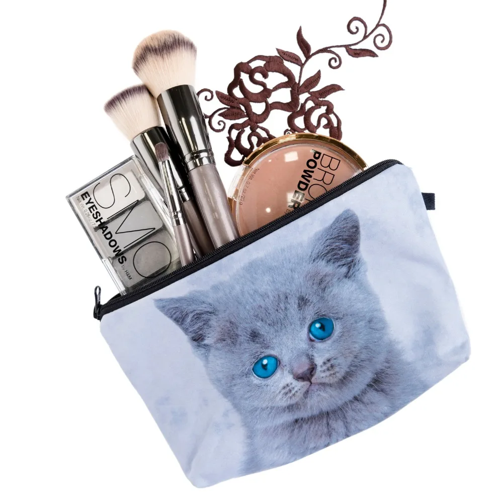 Who Cares модный принт милые голубые глаза серые кошки макияж сумки косметический
