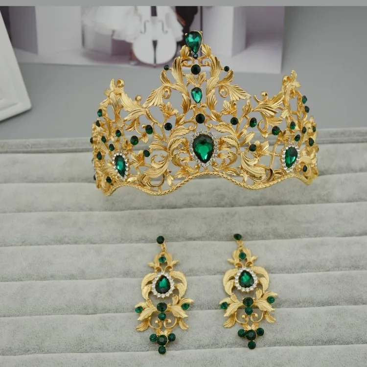 Green Needle Earring Винтажные золотисто-зеленые свадебные аксессуары для волос, сплав, свадебные диадемы, стразы в стиле барокко, корона, Красный Кристалл, диадема, короны с серьгами - Окраска металла: Green Needle Earring