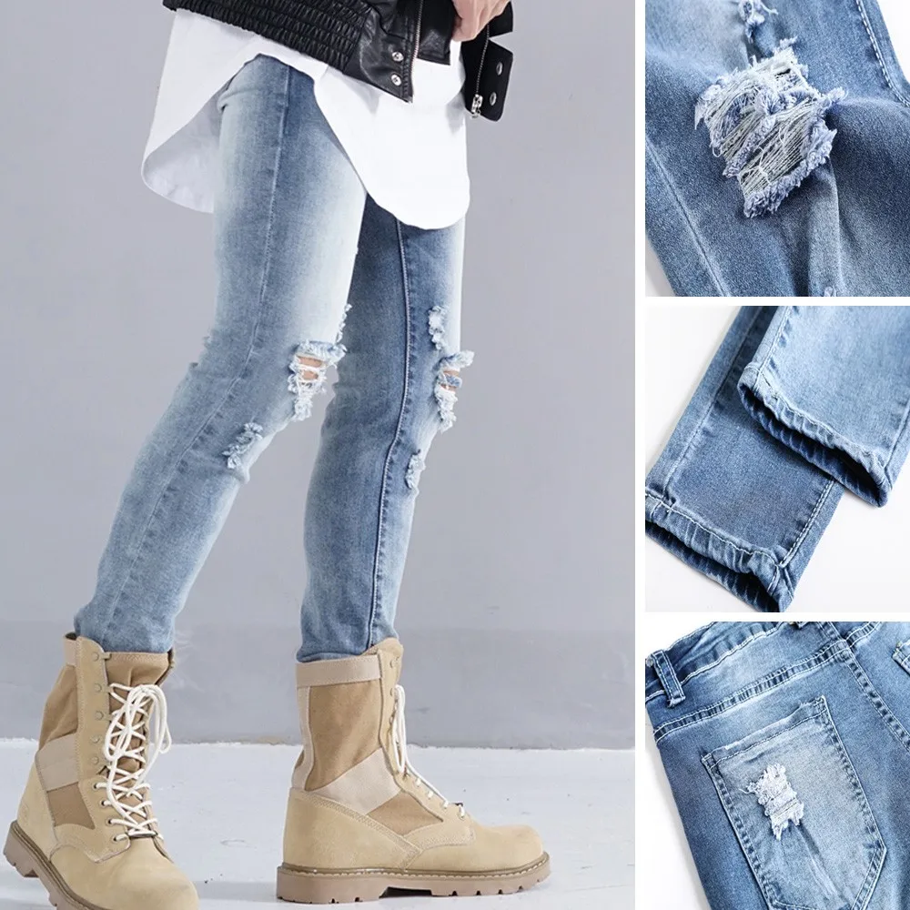 Мужские узкие джинсы с дырками на молнии обтягивающие потертые брюки рваные |