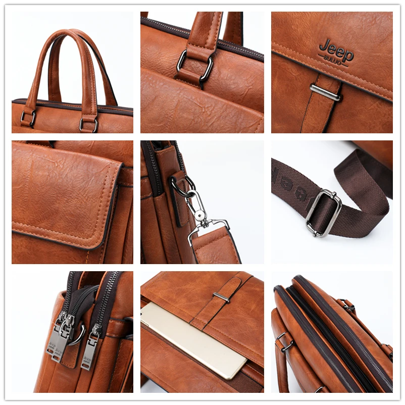 JEEP BULUO Men Briefcase Bag Leather Office Bags For 13.3 inch Laptop Business Bags 2 pcs Set Handbags Large Capacity Totes Male