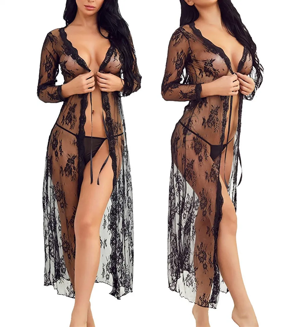 Женское нижнее белье, сексуальное кружевное длинное платье-халат, Babydoll, нижнее белье, стринги