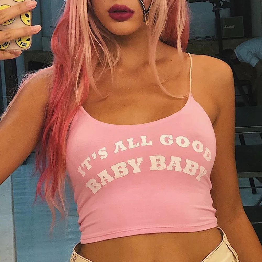 Print Letter Summer T-Shirt Female Sexy Crop Top Sleeveless Tee Casual Pink T Shirt Women Top Vest Short Bottoming Tshirt TT3M