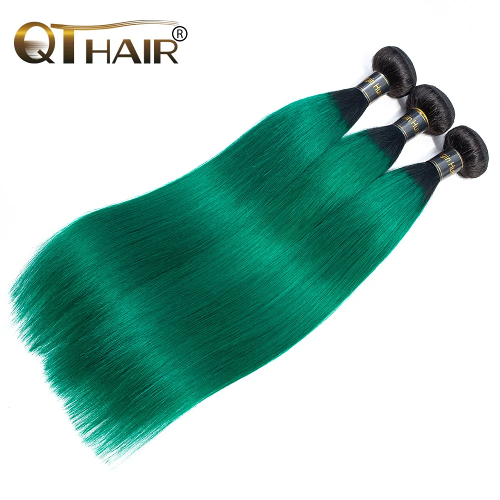 

Pre-Colored Green Ombre Peruvian Hair Bundles T1B/Turquoise Dark Roots Green Silky 3 Bundles Straight Human Hair Weave remy QT