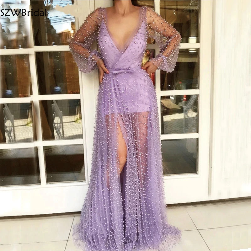 

New Arrival V Neck Pearls Beaded long dresses evening 2023 Dubai Arabic evening dress Party abendkleider robe de soiree