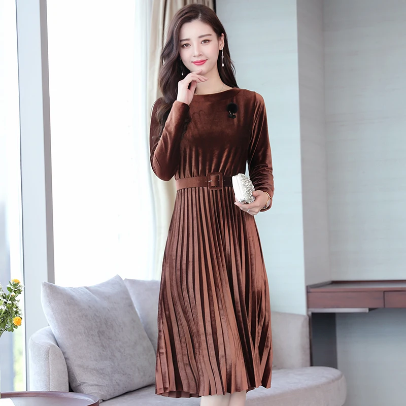 2019 новое осенне зимнее платье с поясом женское винтажное Золотое бархатное