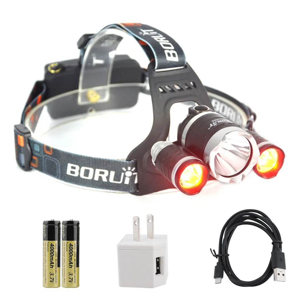 B BORUiT T6 белый+ 2* XPE красный светодиодный налобный фонарь 3 режима USB перезаряжаемая фара 3000 люмен Головной фонарь кемпинг фонарик 18650 батарея - Испускаемый цвет: B
