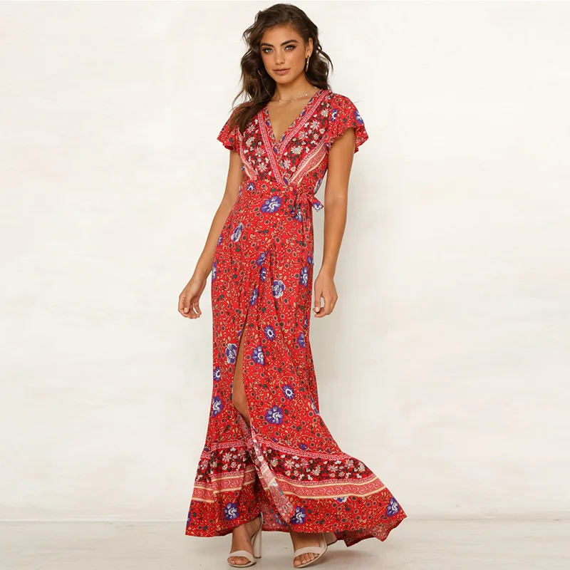 2019 летнее пляжное макси-платье с разрезом и поясом сексуальное длинное платье