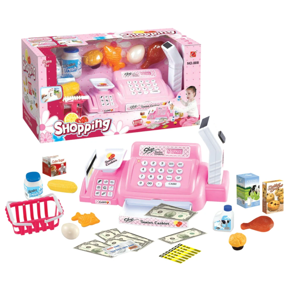 24Pcs Дети ролевые игры моделирование шоппинг Игрушка Супермаркет кассовый аппарат игровой набор ролевые игры Набор игрушек-розовый
