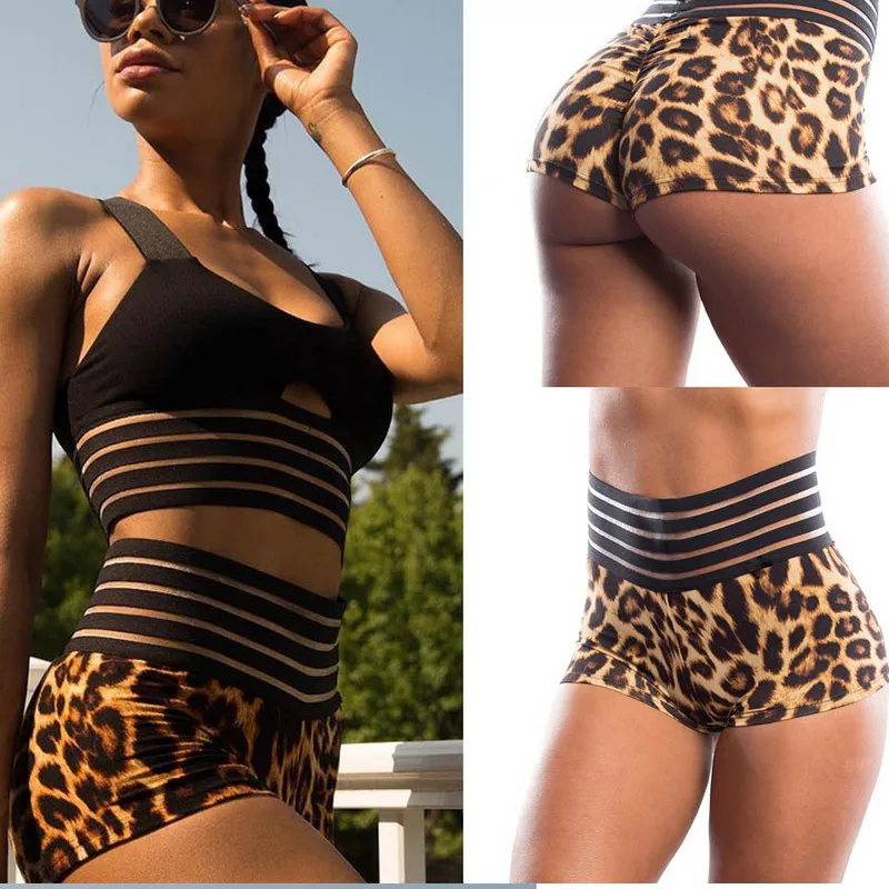 Женские шорты для йоги с высокой талией эластичные облегающие леопардовым